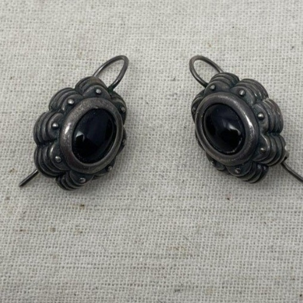 Vintage Sterling Silver Black Onyx Scalloped Drop Earrings Victorian Revival